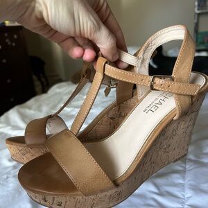 Michael Shannon Tan Wedge Sandals Cork Platform